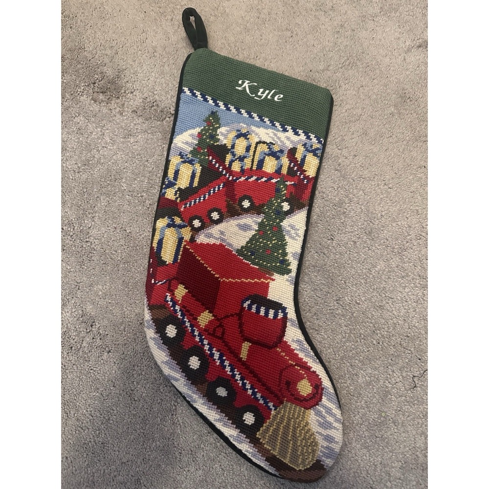 Lands End Needlepoint Christmas Stocking Monogrammed‎ Kyle Train Toys Wool